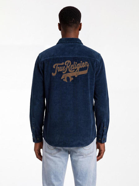 True Religion Men Navy Blue Solid Regular Fit Cotton Shirt