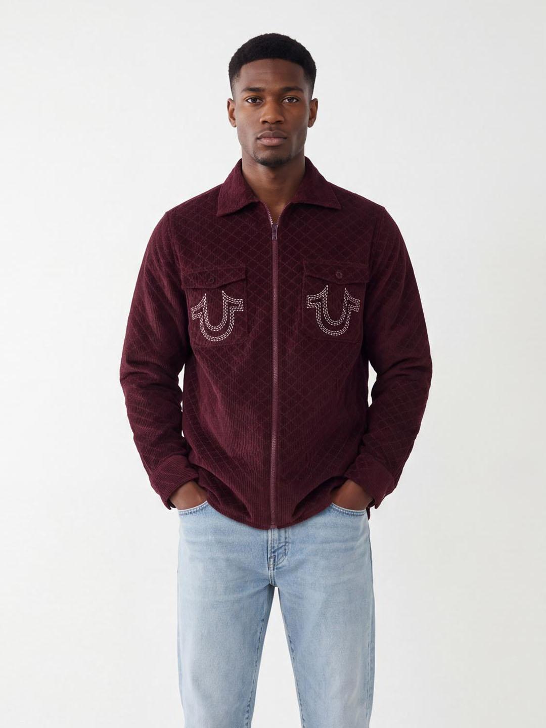 True Religion Men Wine Solid Regular Fit Cotton Shirt