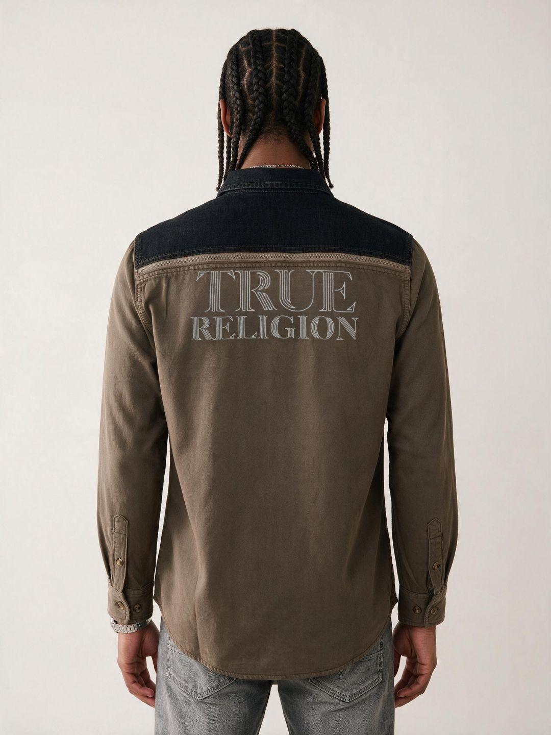 True Religion Men Khaki Regular Fit Graphic Cotton Shirt