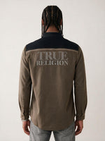 True Religion Men Khaki Regular Fit Graphic Cotton Shirt