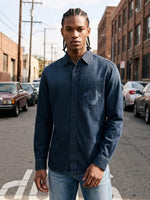 True Religion Men Navy Blue Solid Cotton Denim Wash Shirt