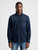 True Religion Men Navy Blue Solid Cotton Denim Wash Shirt