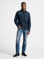 True Religion Men Navy Blue Solid Cotton Denim Wash Shirt