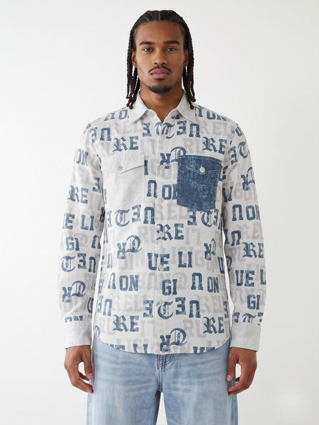 True Religion Off White Regular Fit Printed Pure Cotton Shirt
