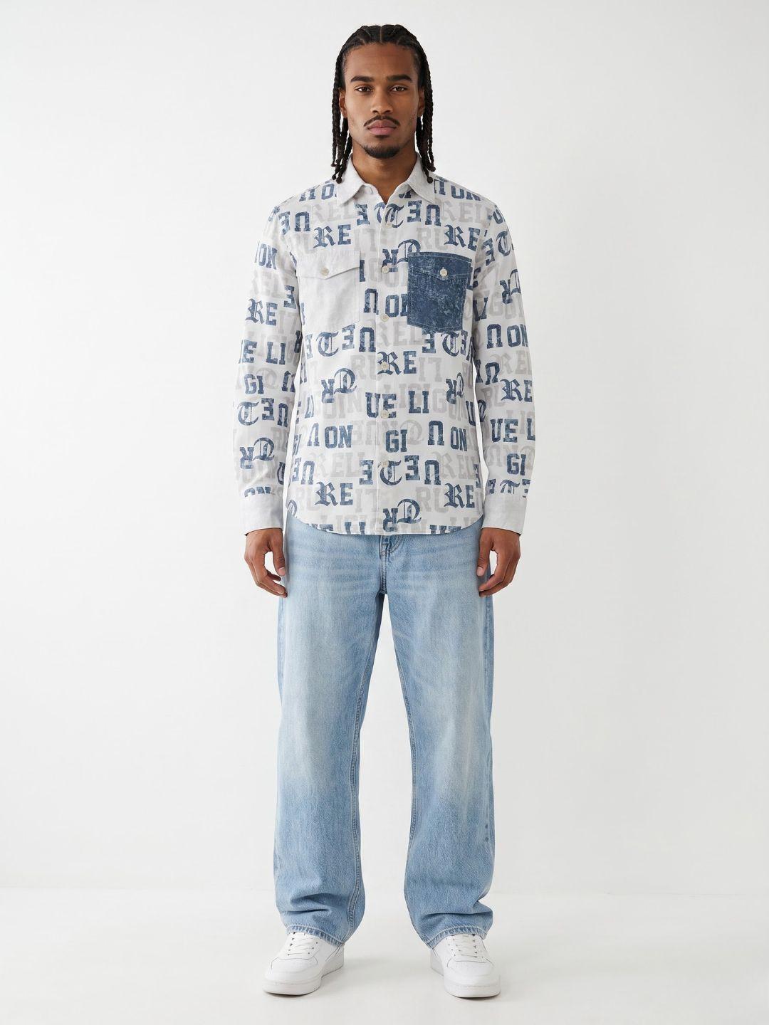True Religion Off White Regular Fit Printed Pure Cotton Shirt