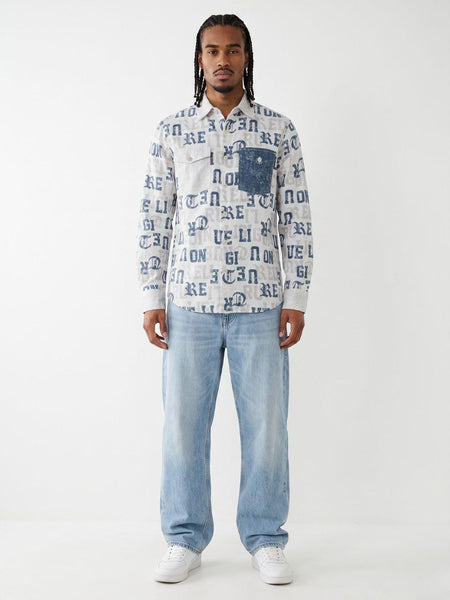 True Religion Off White Regular Fit Printed Pure Cotton Shirt