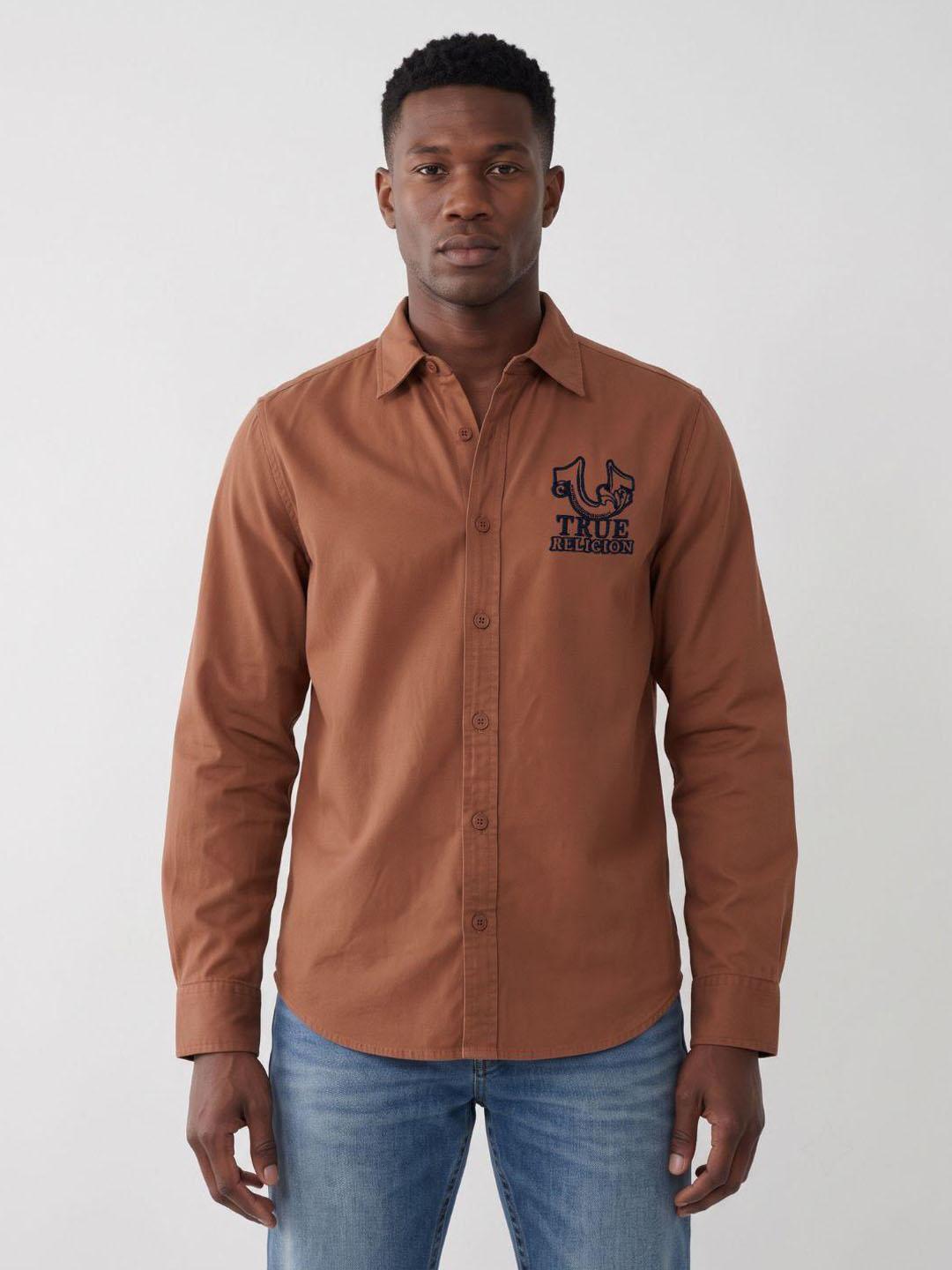 True Religion Men Orange Solid Regular Fit Cotton Shirt