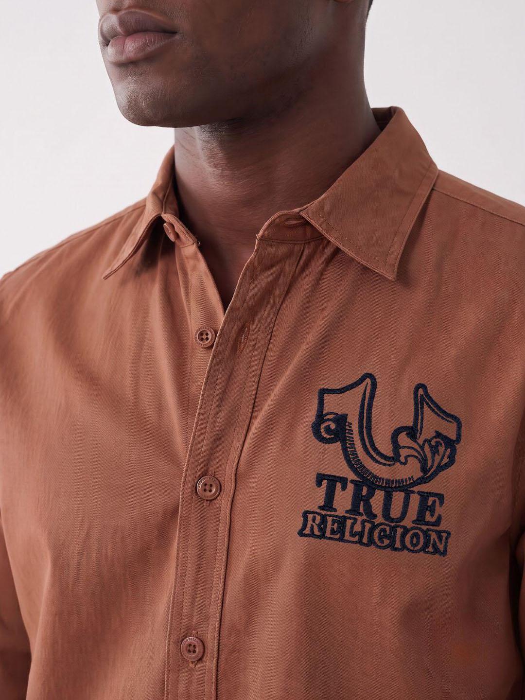 True Religion Men Orange Solid Regular Fit Cotton Shirt