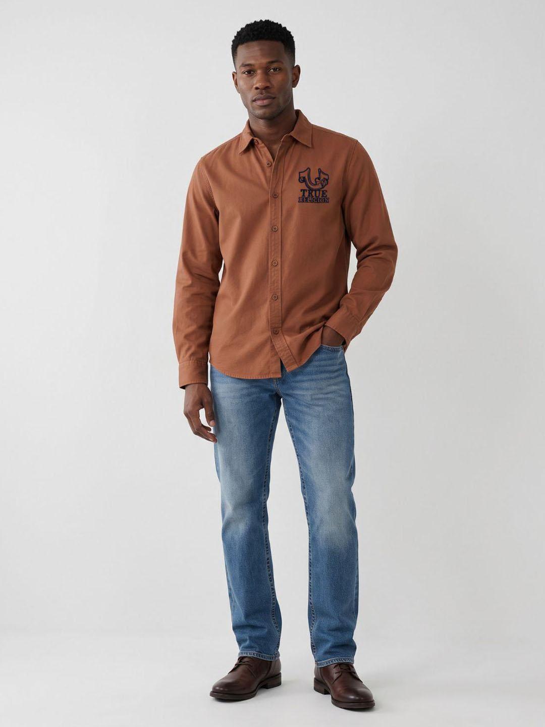 True Religion Men Orange Solid Regular Fit Cotton Shirt