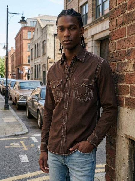 True Religion Men Brown Solid Regular Fit Shirt