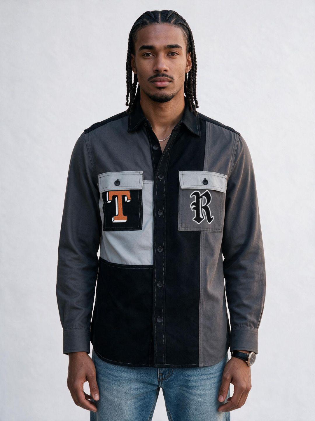 True Religion Men Grey & Black Colorblock Cotton Shirt