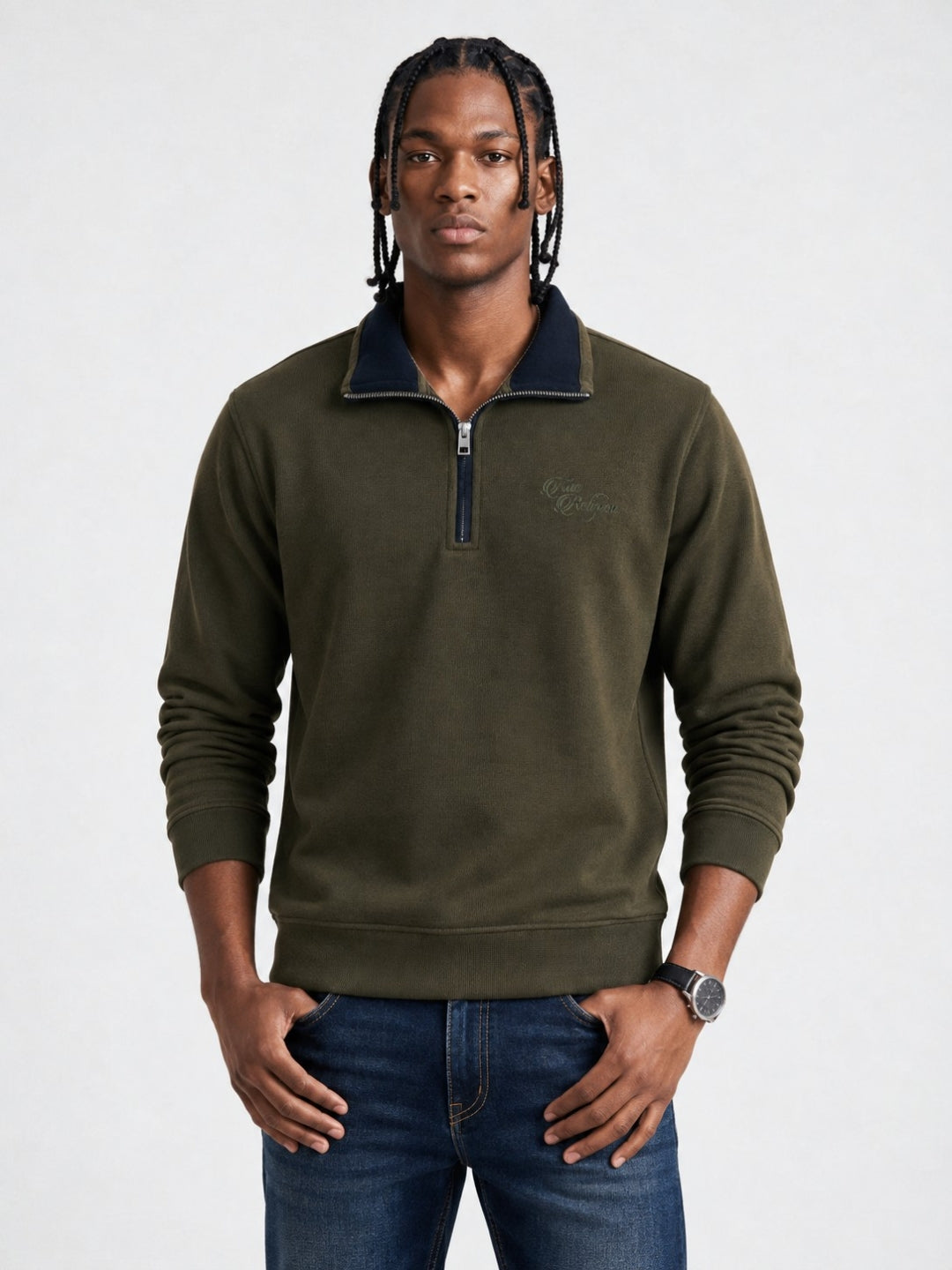 True Religion Men Olive Solid Regular Fit Sweatshirt