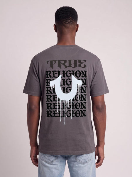 True Religion Men Dark Grey Boxy Fit Graphic Cotton T-Shirt