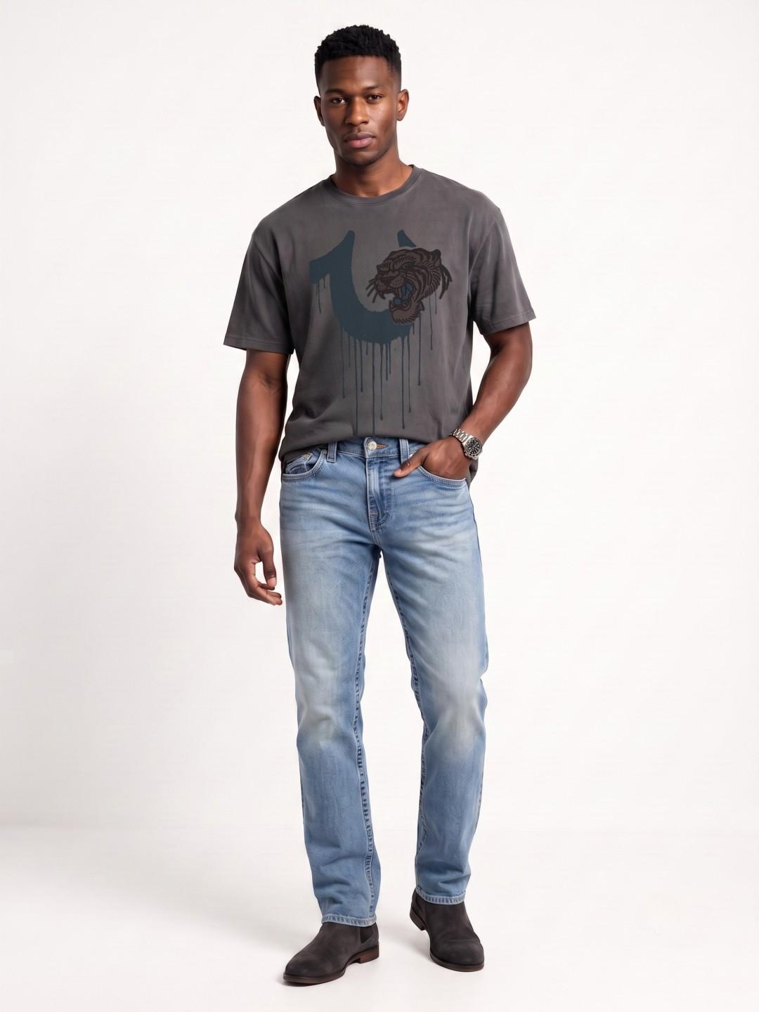 True Religion Men Dark Grey Boxy Fit Graphic Cotton T-Shirt