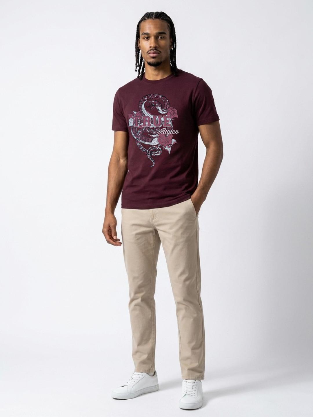 True Religion Men Wine Regular Fit Graphic Pure Cotton Tshirt