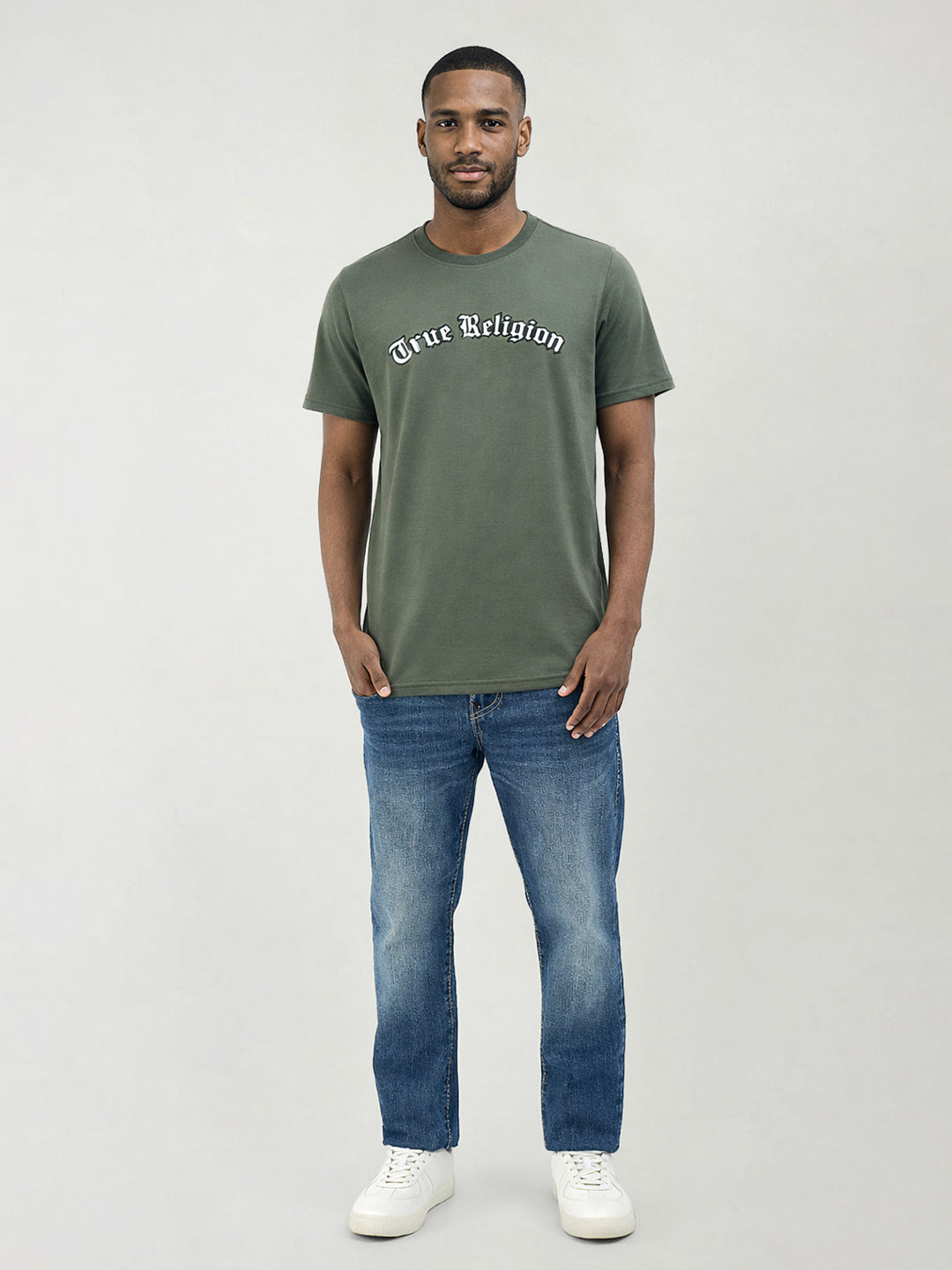 True Religion Men Green Solid Regular Fit T-Shirt