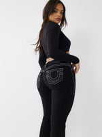 True Religion Big T Stitch Becca Bootcut Black Mid Rise Distressed Jeans