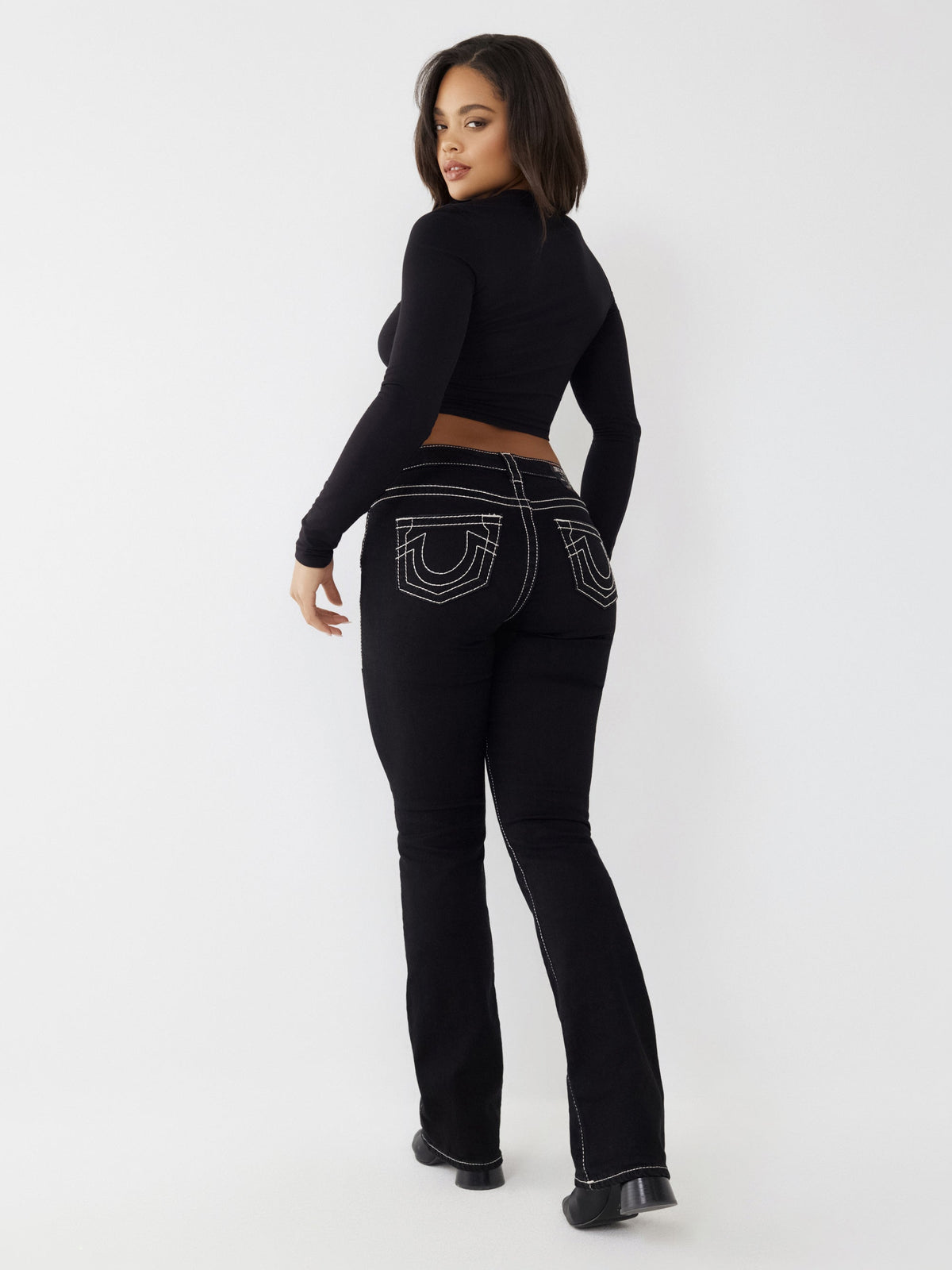 True Religion Big T Stitch Becca Bootcut Black Mid Rise Distressed Jeans