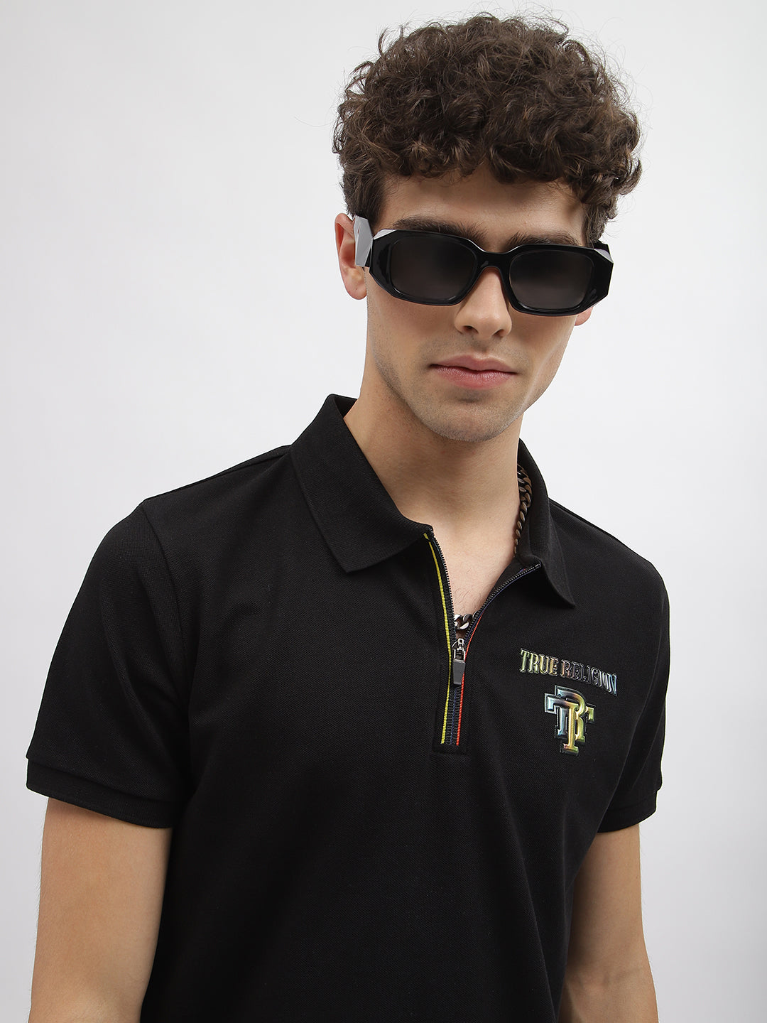 True Religion Men Black Solid Polo Collar Short Sleeves Tshirt