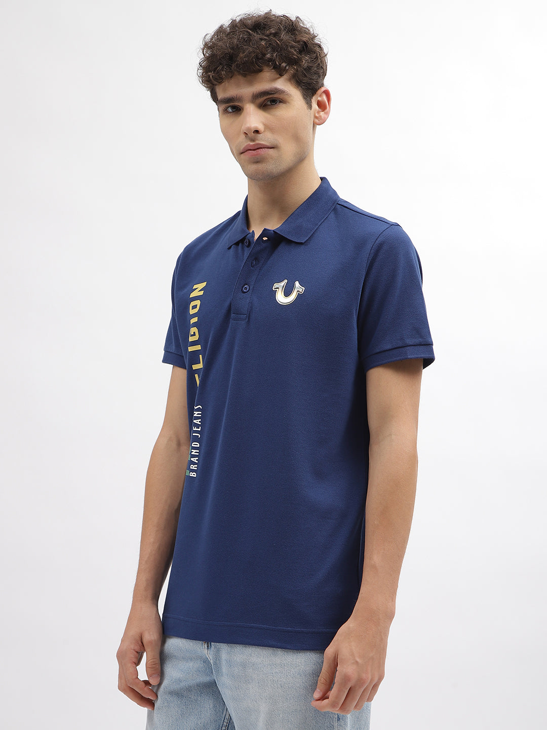 Men blue printed polo collar short sleeves tshirt
