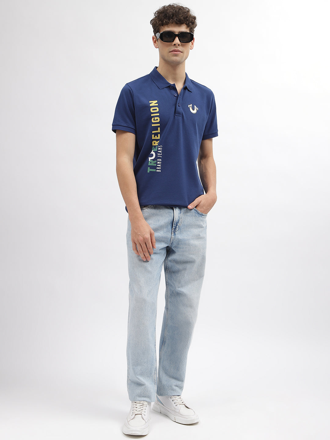 Men blue printed polo collar short sleeves tshirt