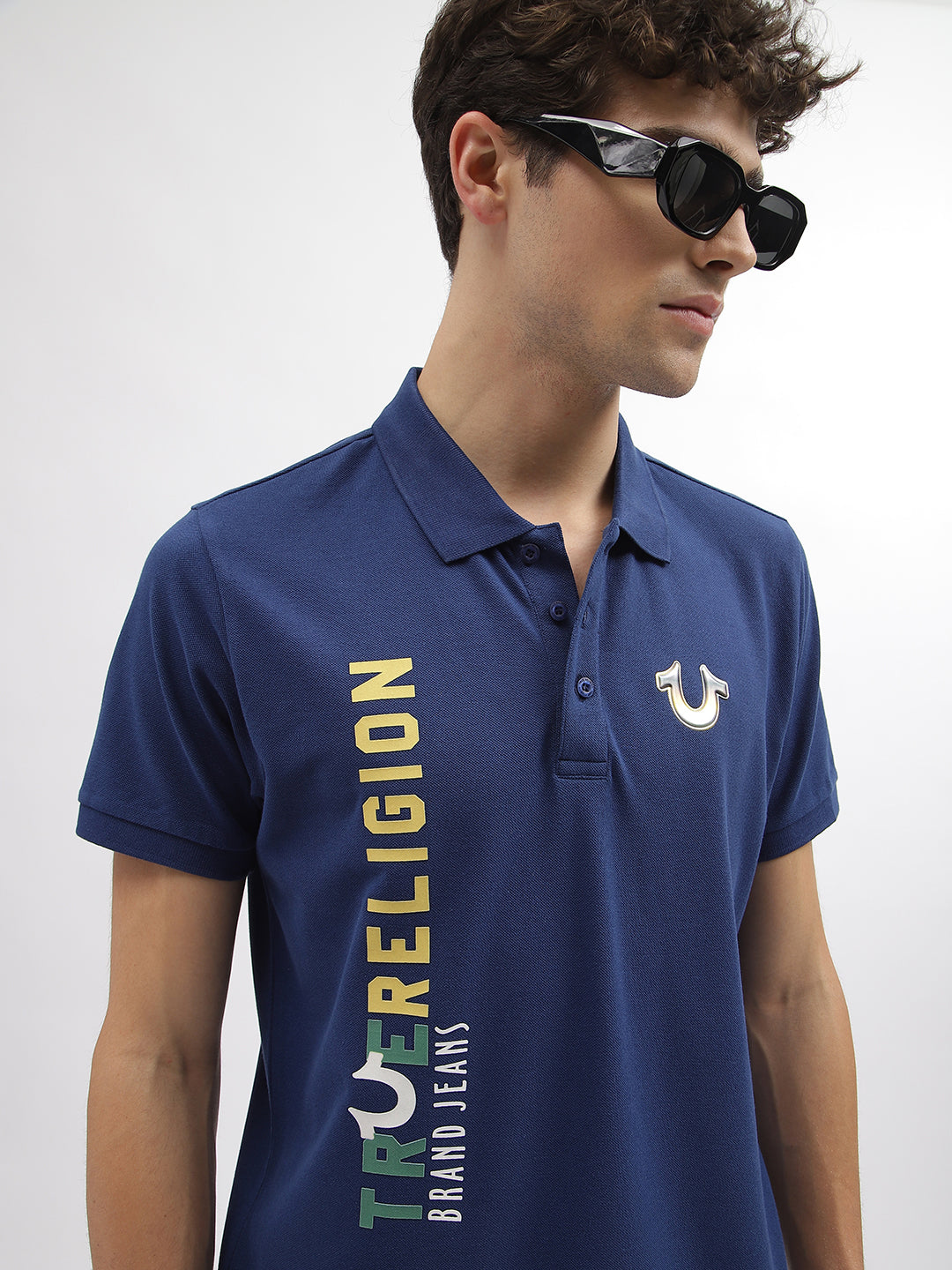 Men blue printed polo collar short sleeves tshirt