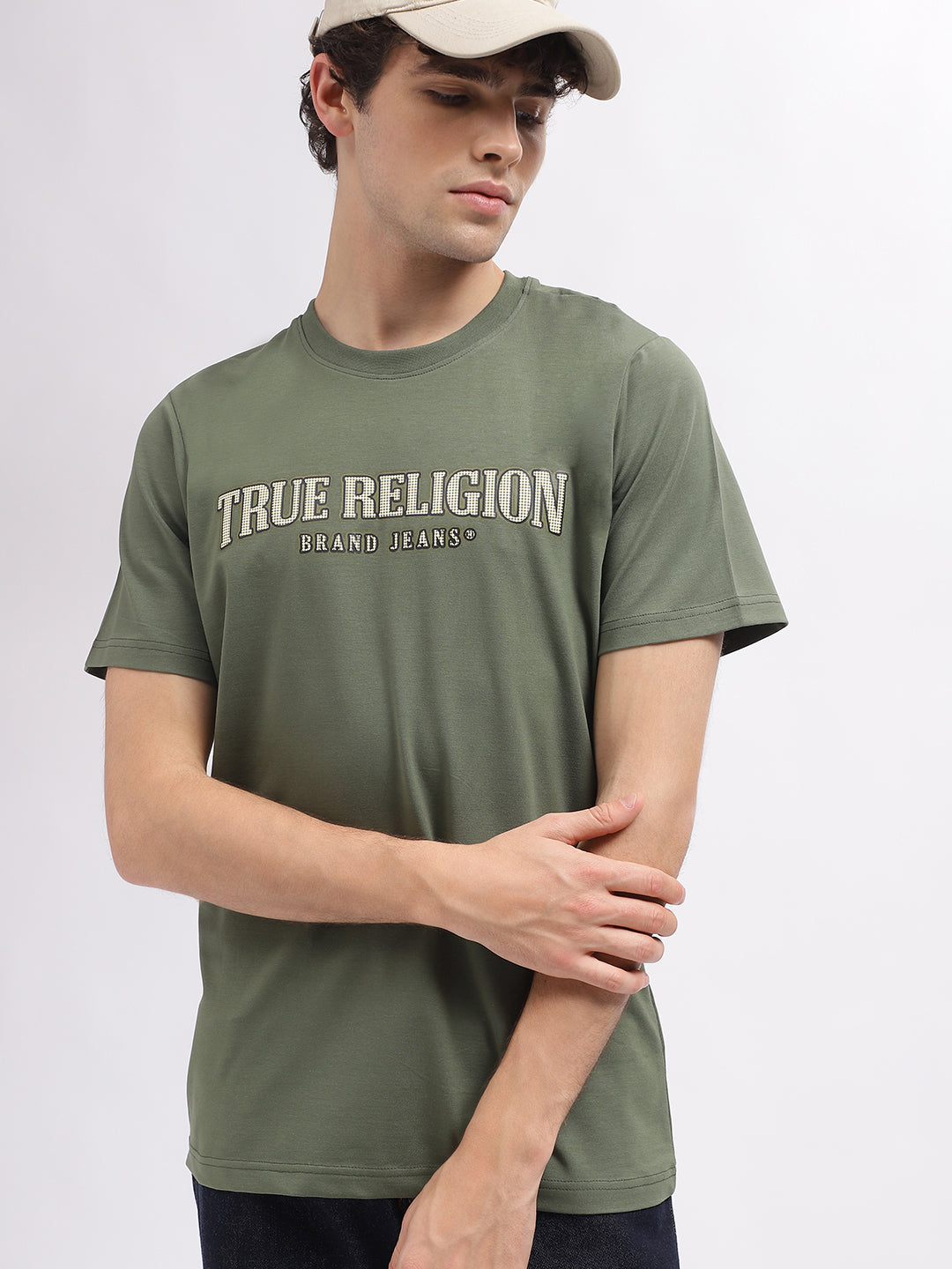 Men green printed round neck short sleeves tshirt