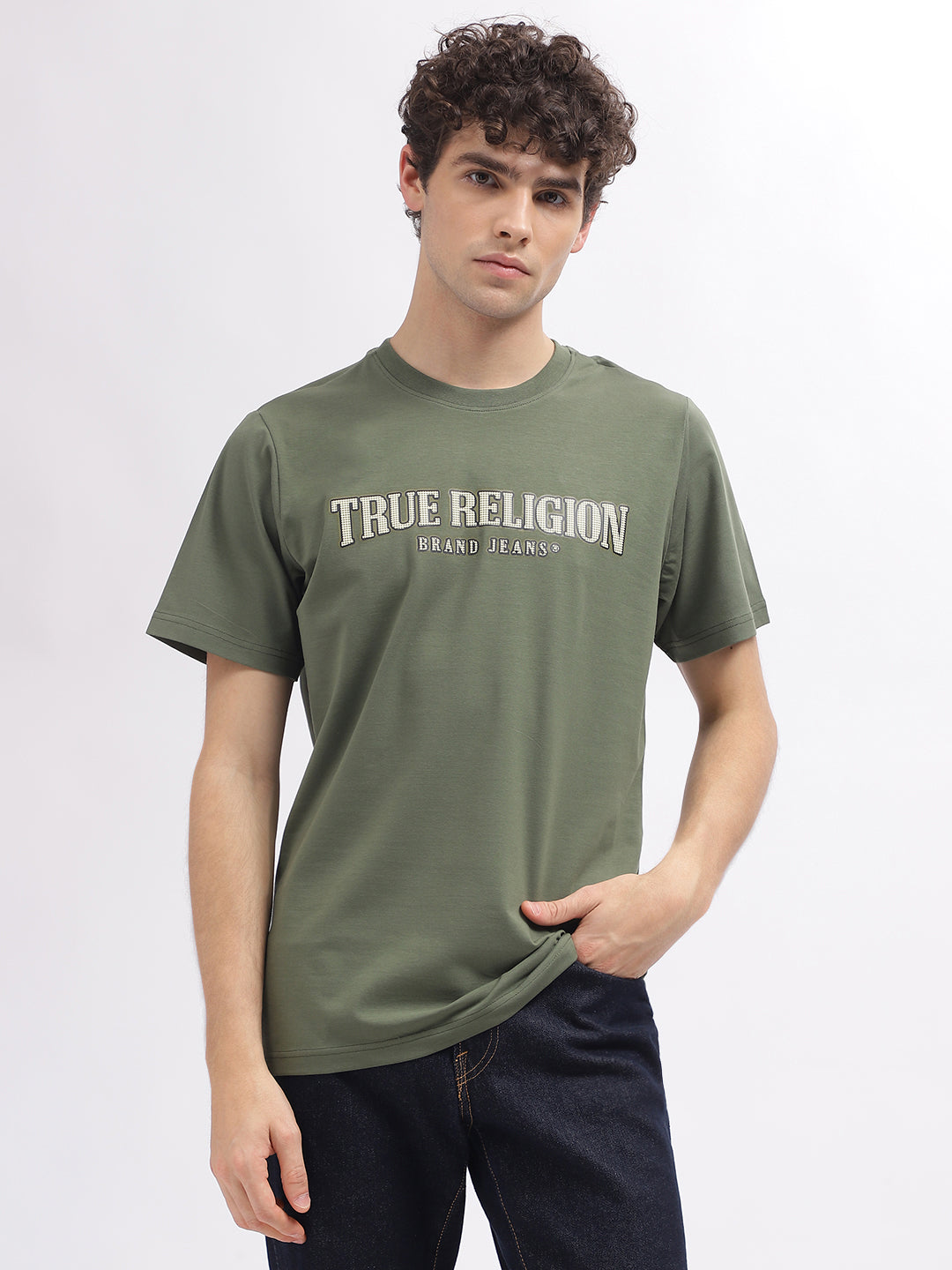 Men green printed round neck short sleeves tshirt