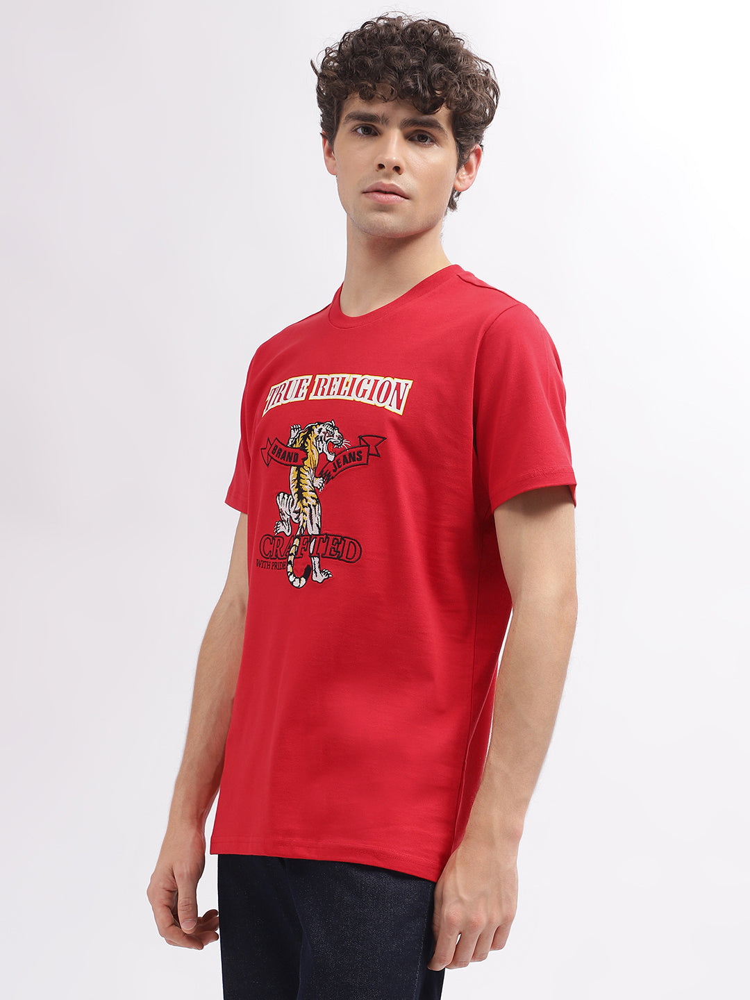 Men red printed round neck short sleeves tshirt