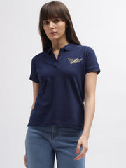 True Religion Women Blue Printed Polo Collar Short Sleeves Tshirt