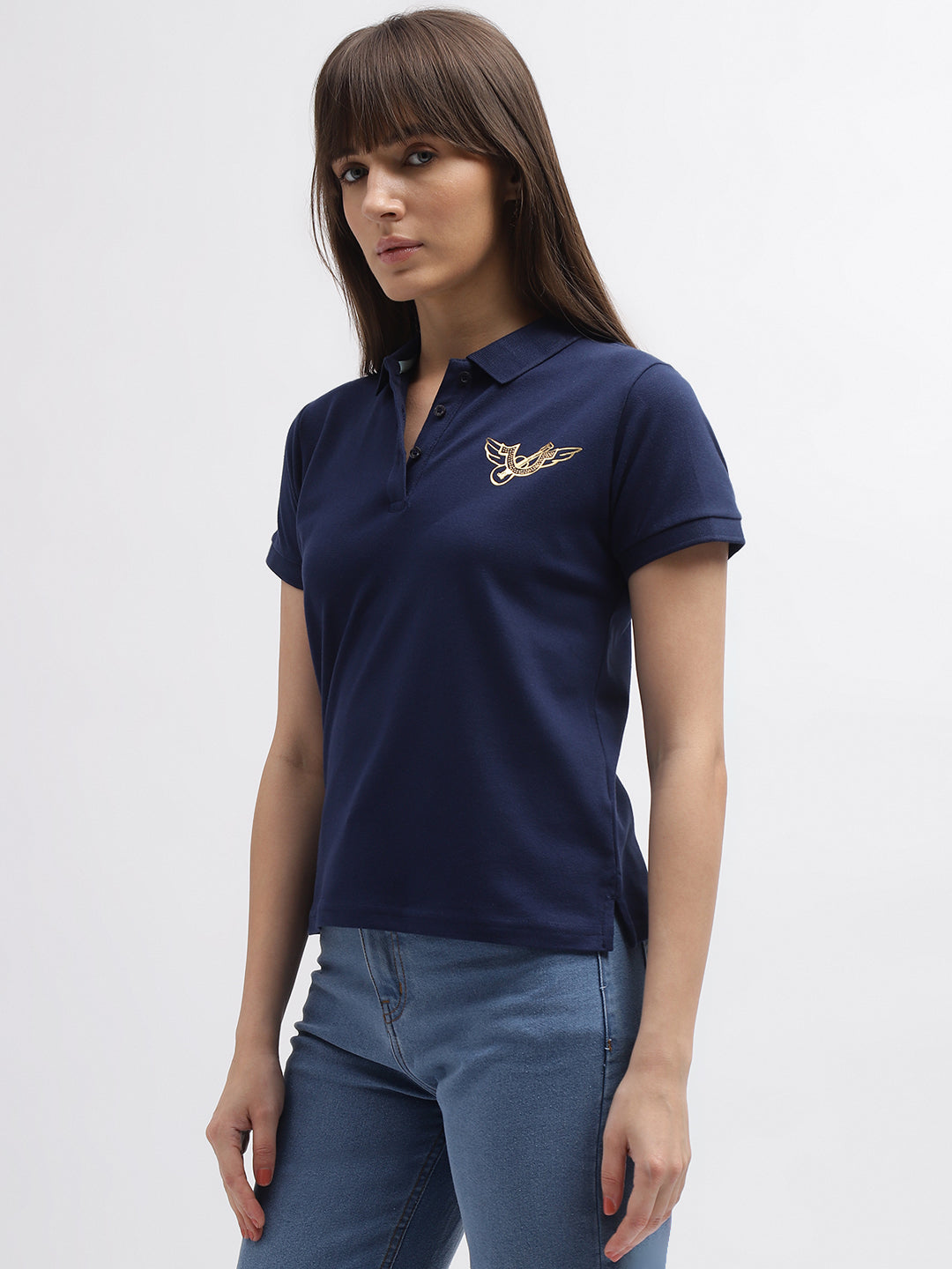 True Religion Women Blue Printed Polo Collar Short Sleeves Tshirt