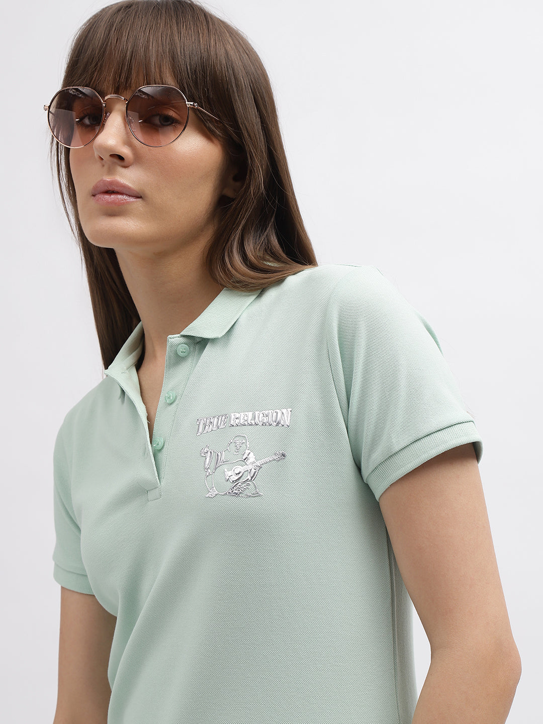 True Religion Women Green Solid Polo Collar Short Sleeves Tshirt