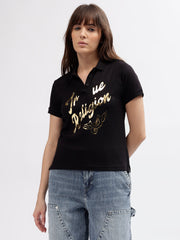 True Religion Women Black Printed Polo Collar Short Sleeves Tshirt