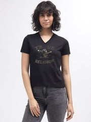 True Religion Women Black Printed V-Neck Short Sleeves Tshirt