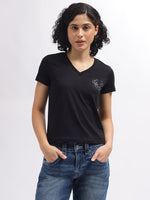 True Religion Women Black Printed V-Neck Short Sleeves T-Shirt