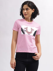 True Religion Women Pink Solid Round Neck Short Sleeves Tshirt