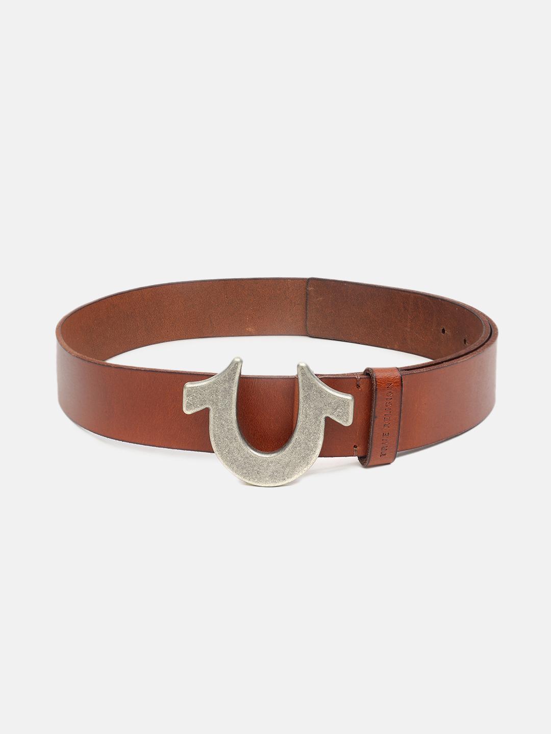 Men brown solid belt with push pin buckle
