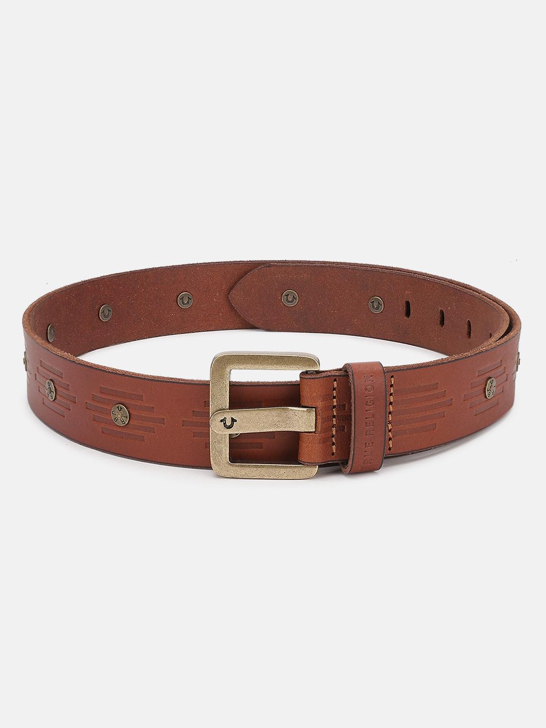 Men brown textured belt with tang buckle