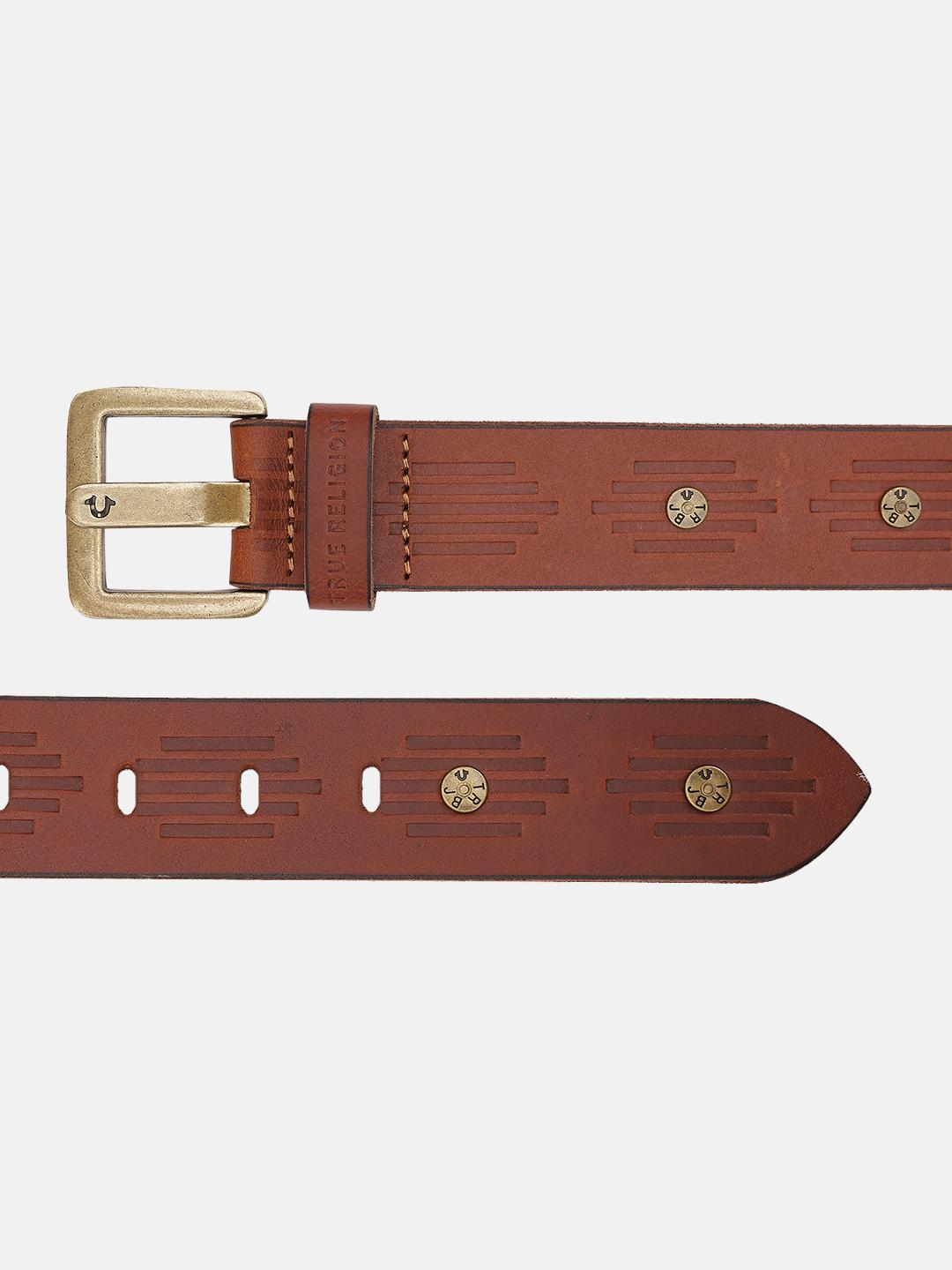 Men brown textured belt with tang buckle