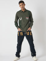 True Religion Men Green Embroidered Spread Collar Full Sleeves Shirt