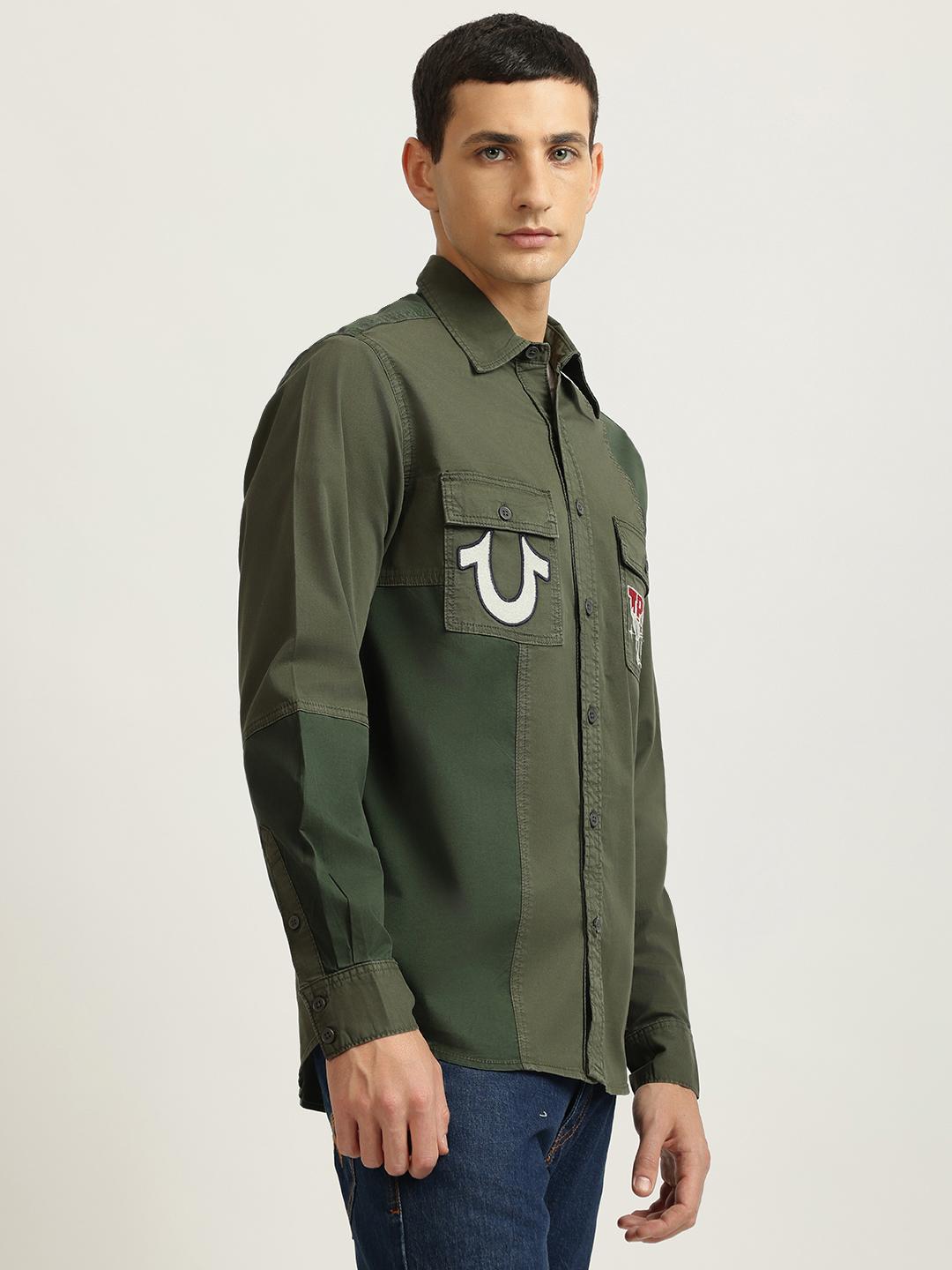 Men green embroidered spread collar full sleeves shirt