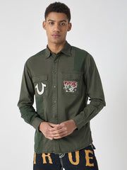 True Religion Men Green Embroidered Spread Collar Full Sleeves Shirt