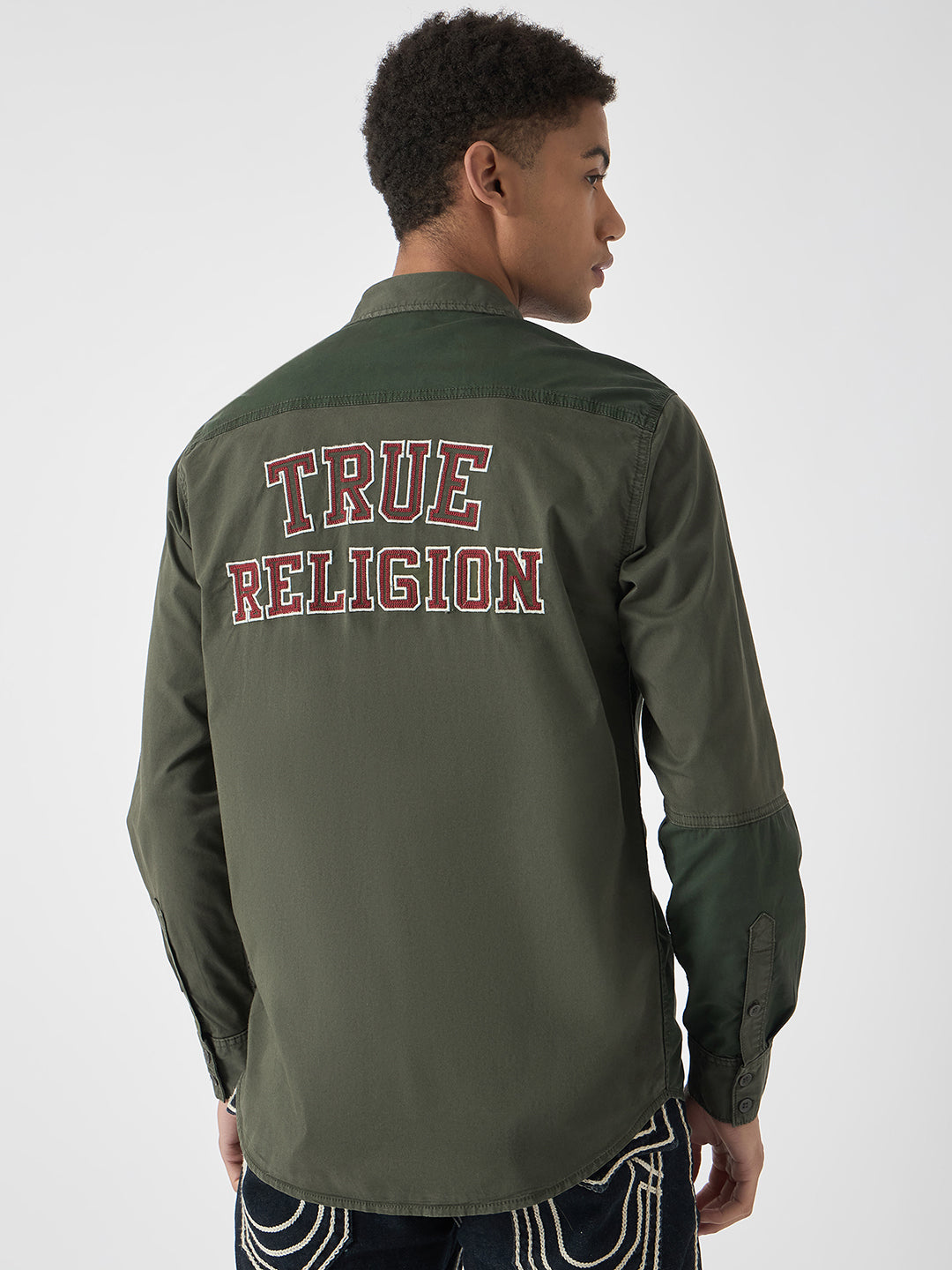 True Religion Men Green Embroidered Spread Collar Full Sleeves Shirt