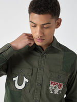 True Religion Men Green Embroidered Spread Collar Full Sleeves Shirt