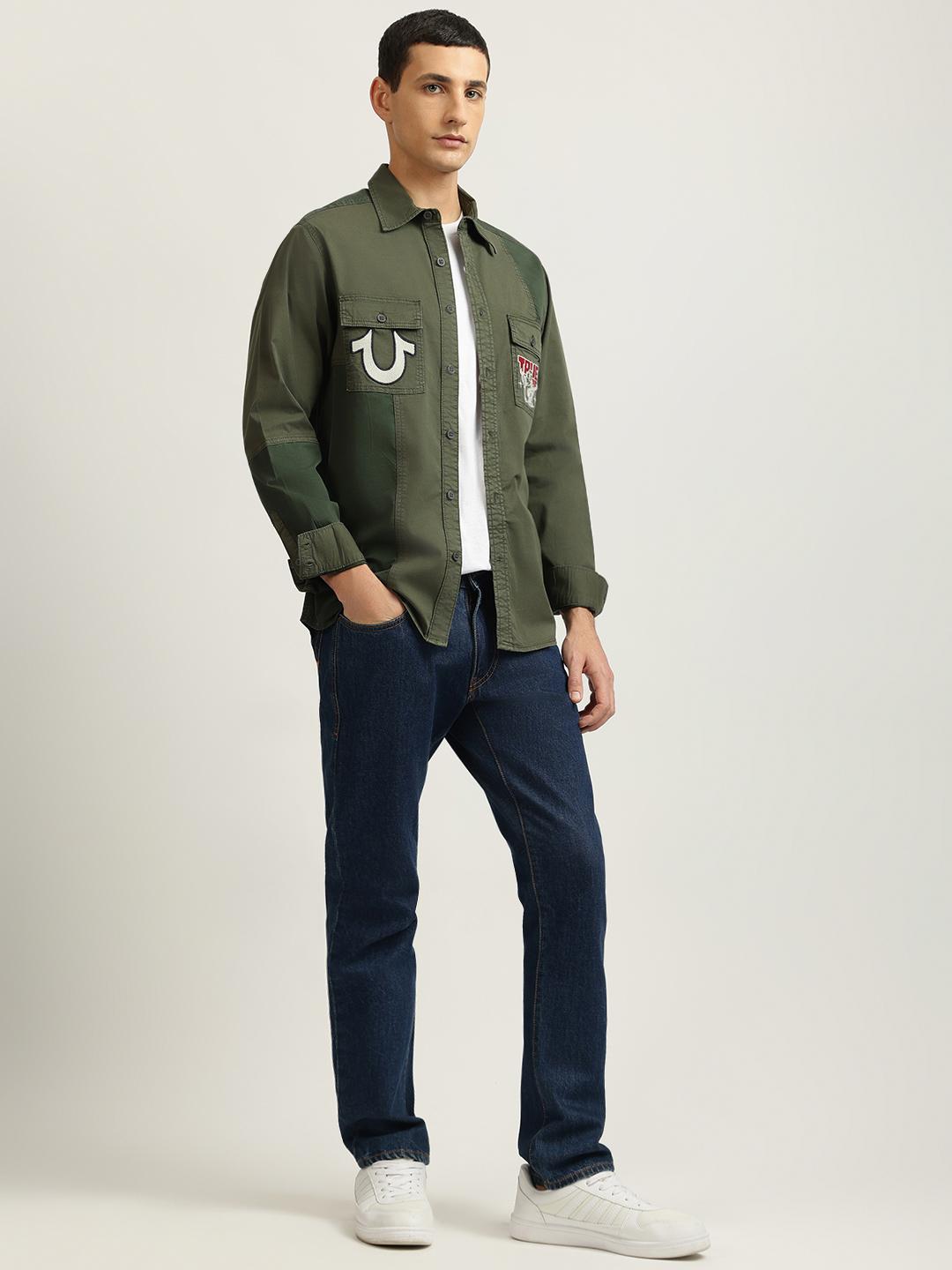 Men green embroidered spread collar full sleeves shirt