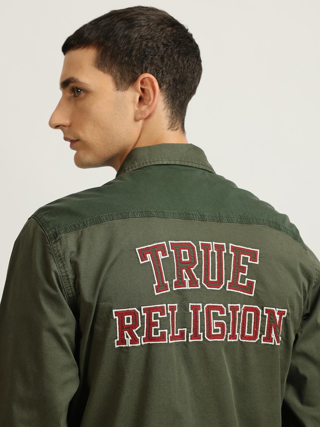 Men green embroidered spread collar full sleeves shirt