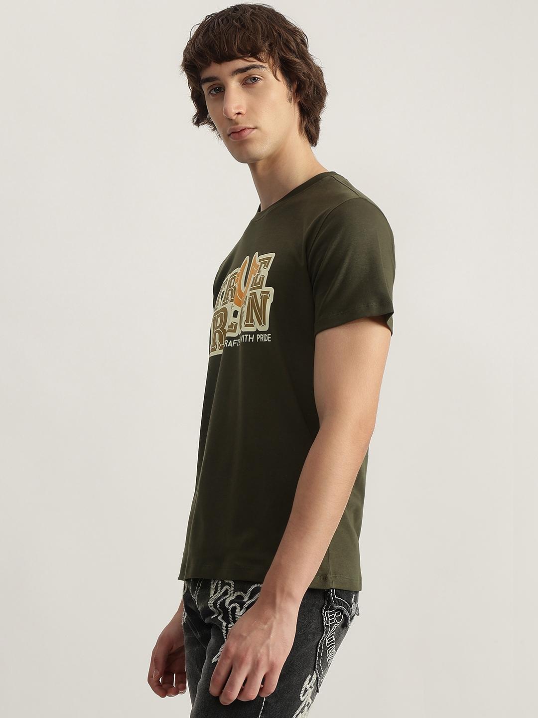 True Religion Men Olive Printed Round Neck Short Sleeves Tshirt