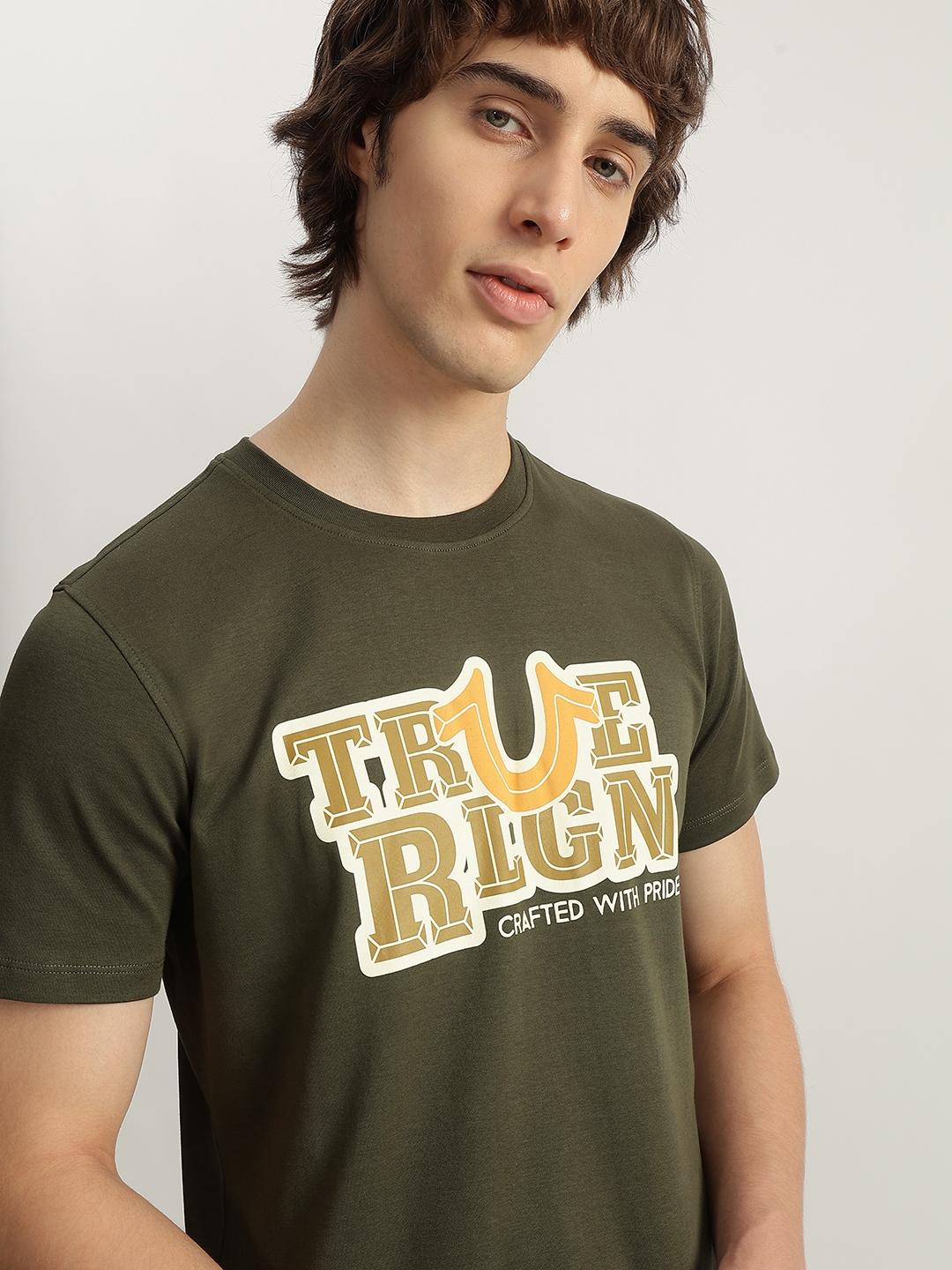 True Religion Men Olive Printed Round Neck Short Sleeves Tshirt