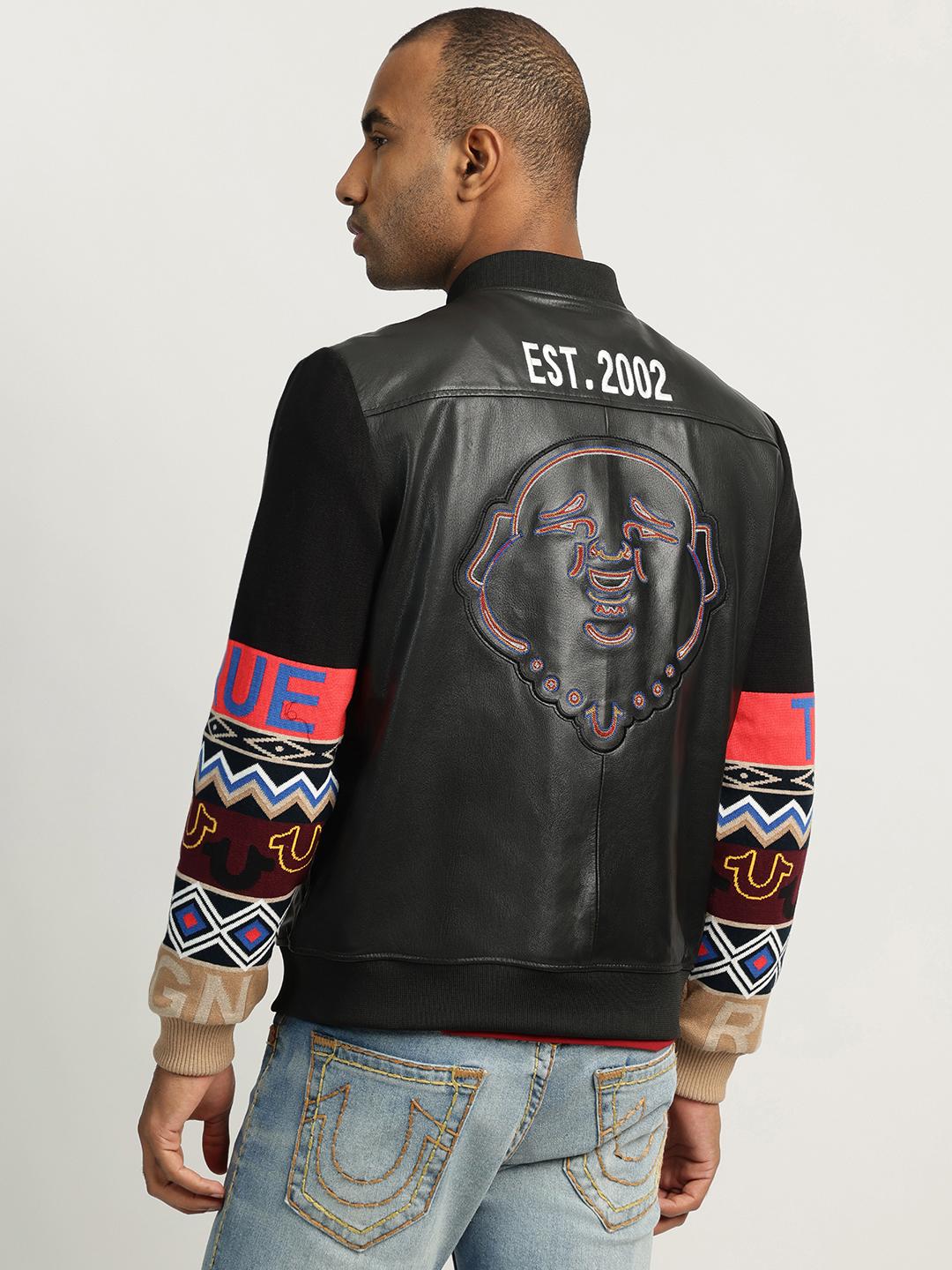 Men black solid stand collar full sleeves bomber jacket