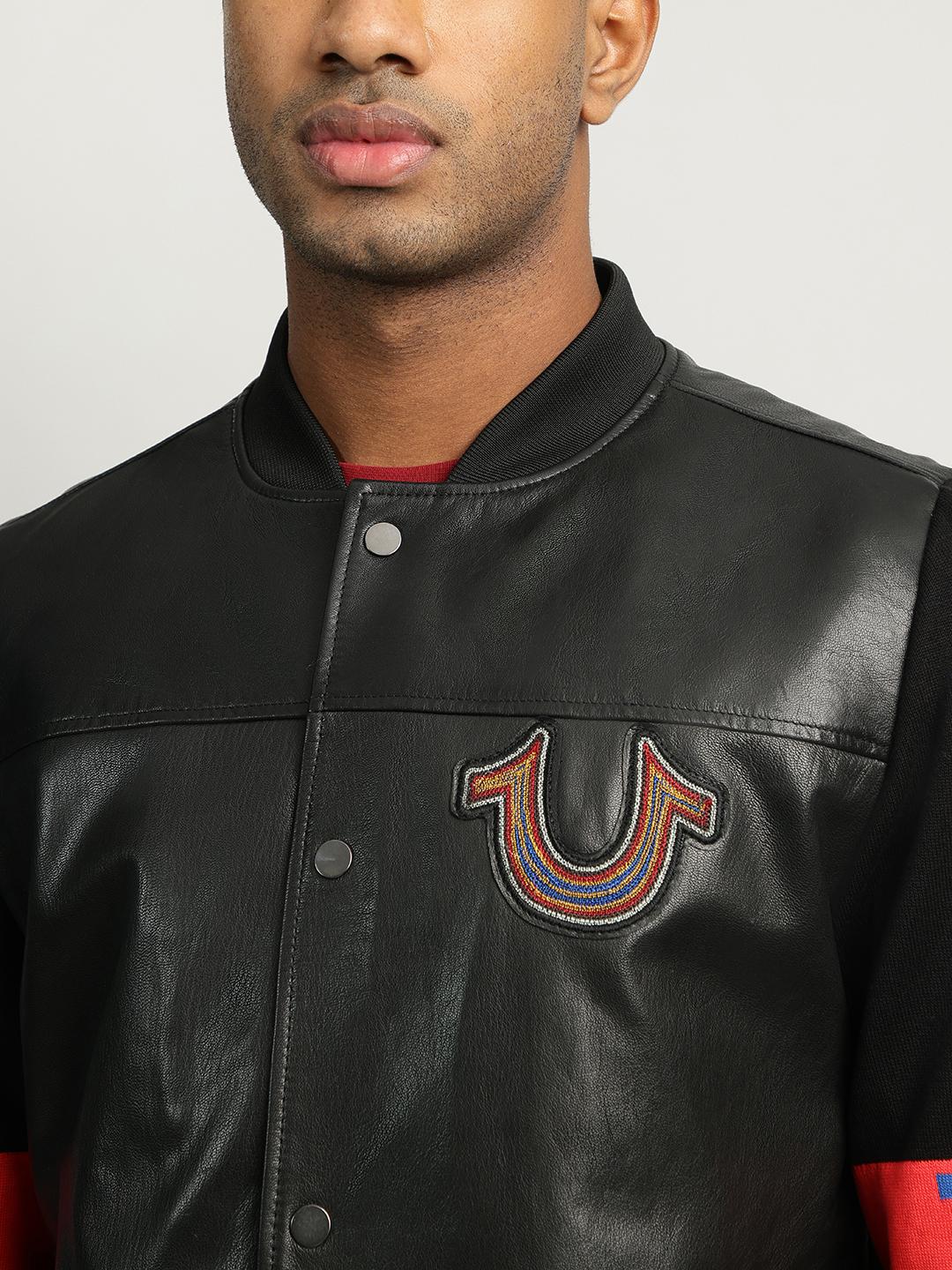 Men black solid stand collar full sleeves bomber jacket